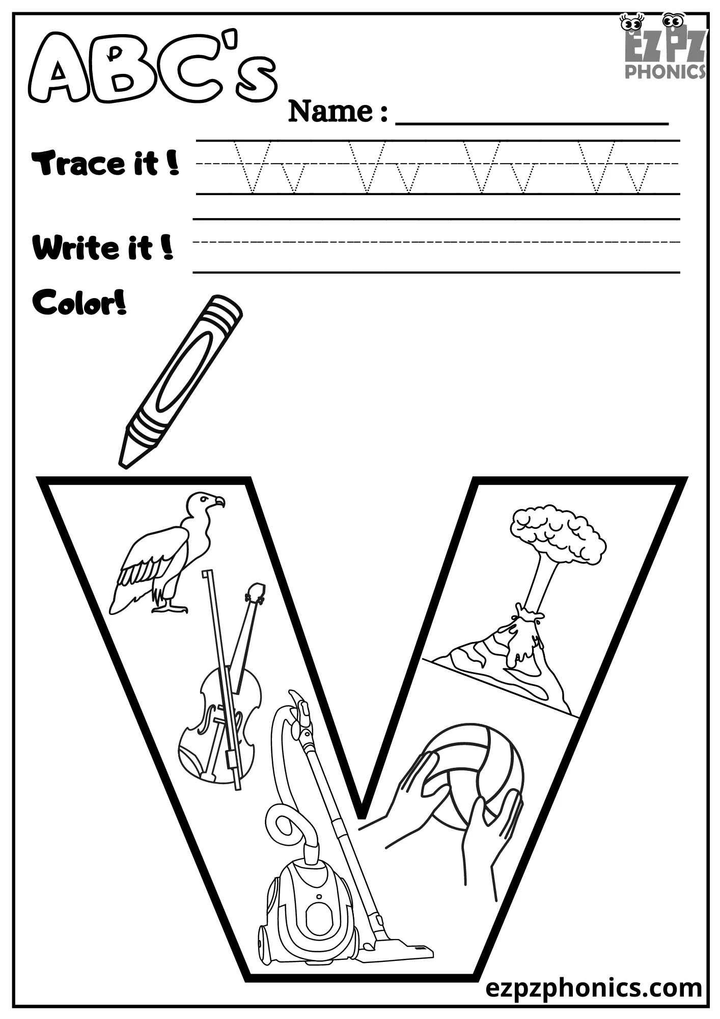 Letter V Trace, Write, and Color 